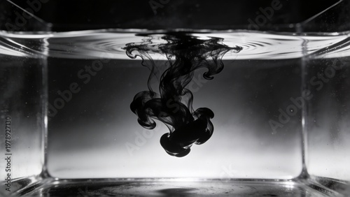 Elegant Ink Swirl Floating in Glasslike Water with Soft Luminous Glow and Fine Tendril Details