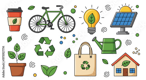 Eco friendly household and transportation icons.