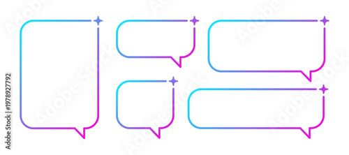AI gradient rectangle speech bubble set. Artificial intelligence neon chat box with star. Tech text frame with blue pink gradient. Neural network bar. Vector illustration isolated on white background.