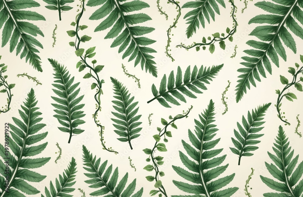 Fototapeta premium Green fern fronds and vines create repeating pattern on light beige background. Natural botanical illustration for decorative textile or wallpaper design. Organic leaf motif.