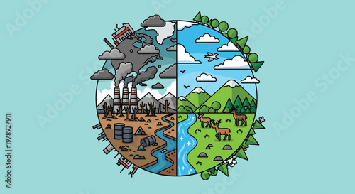 Earth Divided Into Nature and Pollution.