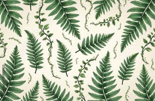 Green fern fronds and vines create repeating pattern on light beige background. Natural botanical illustration for decorative textile or wallpaper design. Organic leaf motif.