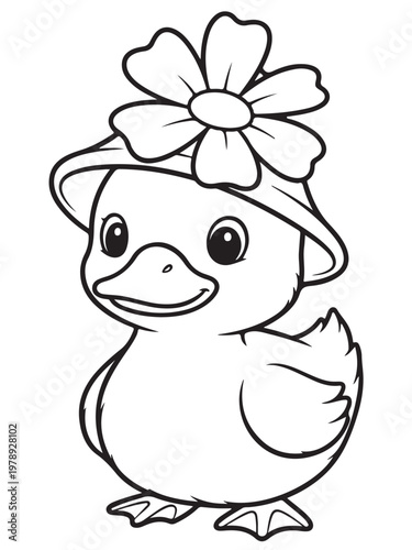 Cute ducklinng with flower hat coloring page for kids