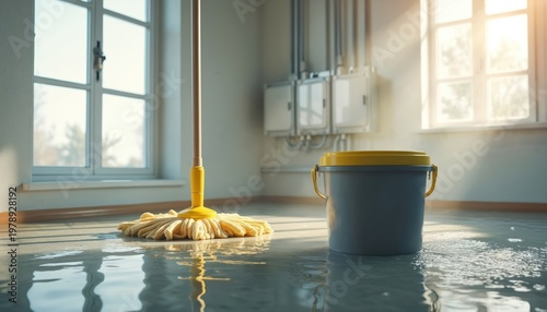 Mop and bucket prepare for cleanup duty in flooded room. Sunlight streams through windows illuminating water pooling on floor. Interior damage requires immediate attention for repair and restoration.