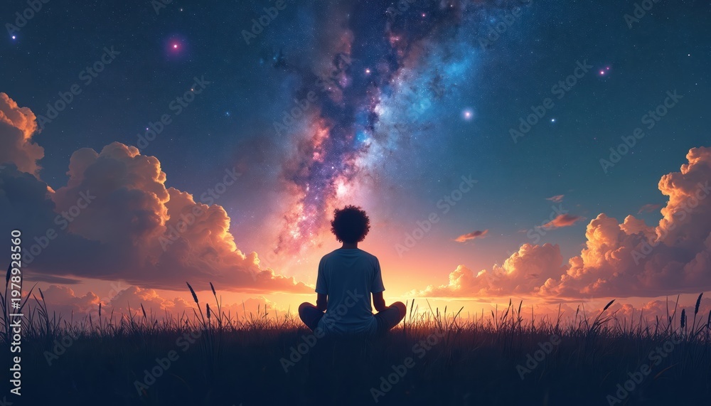 Obraz premium Person sits in grass looking at vibrant colorful galaxy nebula in night sky. Clouds glow at sunset twilight. Outer space, cosmos, wonder, imagination.