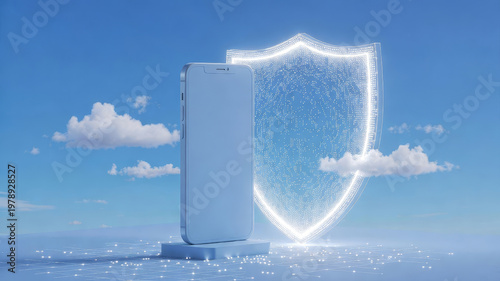 A sleek smartphone stands in front of a glowing digital shield, symbolizing cybersecurity and digital protection against online threats.