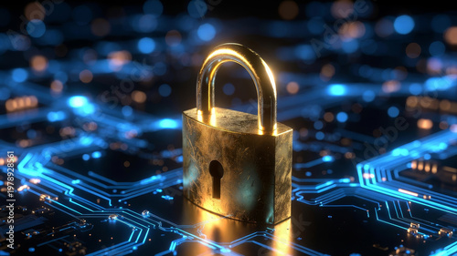 A golden padlock stands prominently on a glowing blue circuit board, symbolizing security and protection in the digital age.