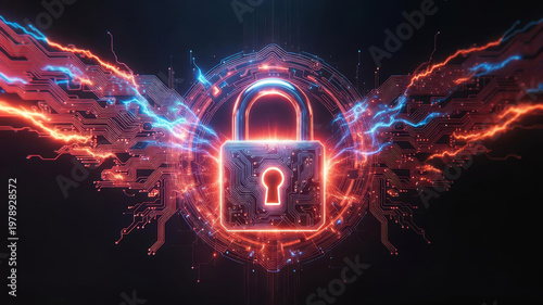 A futuristic padlock surrounded by vibrant electric light effects and circuit patterns, symbolizing digital security and technology in a dark backdrop.