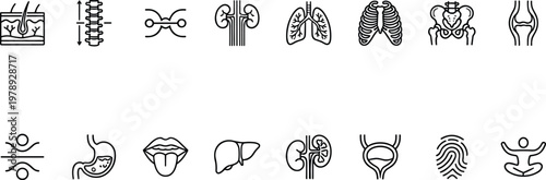 A collection of black and white medical icons on a white background