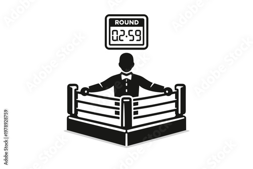 A boxing ring scene with black silhouettes, in monochrome, featuring a referee and a timekeeper