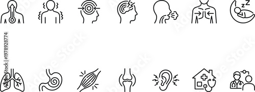 A collection of black line icons depicting various health and medical symptoms and concepts