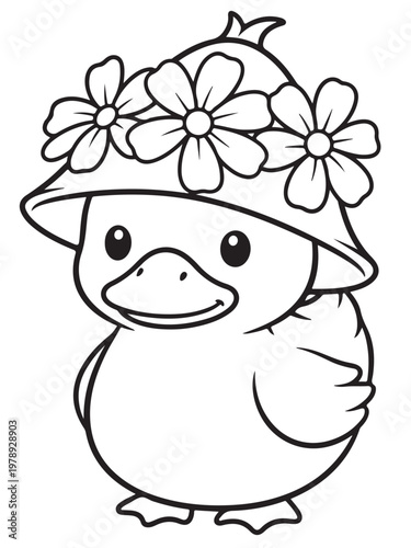 Cute ducklinng with flower hat coloring page for kids