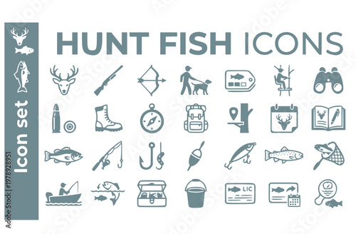 Hunting Fishing Icon Set Tag Fill Harvest Log Stand Placement Deer Rut Calendar Fish Species ID Catch And Release License Renewal Outdoor Sport Vector