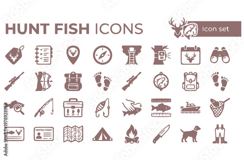 Hunting Fishing Icon Set Tag Fill Harvest Log Stand Placement Deer Rut Calendar Fish Species ID Catch And Release License Renewal Outdoor Sport Vector