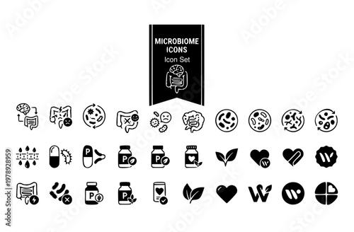 Microbiome Gut Health Icon Set Gut Brain Axis Dysbiosis Microbiota Diversity Leaky Gut Probiotic Strain Postbiotic Wellness Vector Illustration