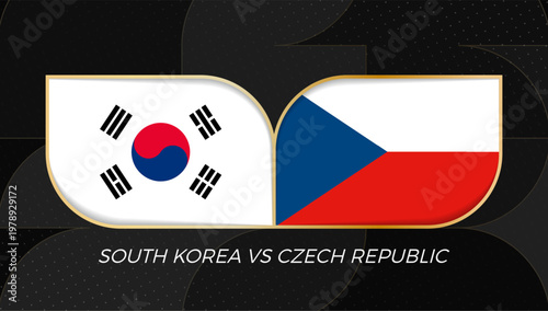 South Korea versus Czech Republic Sports Match Banner with National Flags in golden rounded badge design.