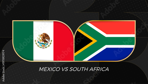 Mexico versus South Africa Sports Match Banner with National Flags in golden rounded badge design.