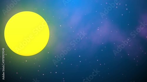 Vibrant Yellow Full Moon Or Sun Glowing Intensely In A Deep Blue And Teal Night Sky Filled With Tiny Twinkling Stars And Soft Purple Nebular Clouds. A Minimalist 2d Graphic Background Creating A Seren