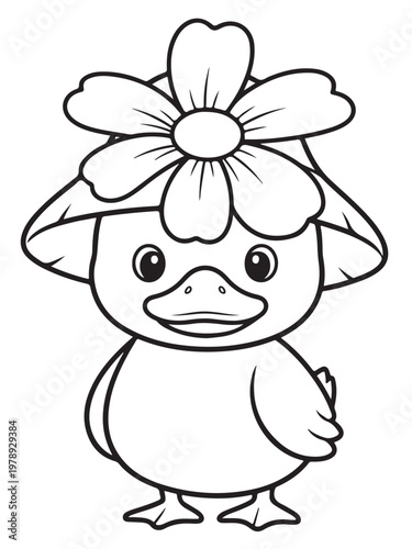 Cute ducklinng with flower hat coloring page for kids
