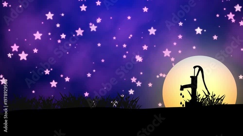 Magical Night Scene With Silhouette Of An Old Fashioned Hand Water Pump And Grassy Hill Against A Large Glowing Full Moon And Deep Purple Starry Sky, Stylized Twinkling Stars In A Dreamy Fantasy Lands