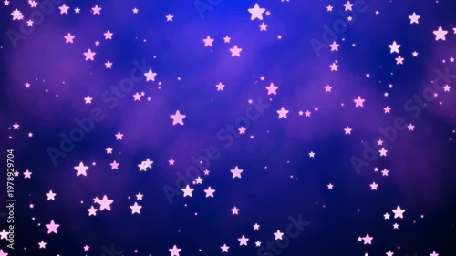 Magical glowing pink cartoon stars drifting through a deep blue and purple nebula background. Whimsical celestial motion graphics featuring soft light effects and a dreamy atmosphere for fantasy or sp