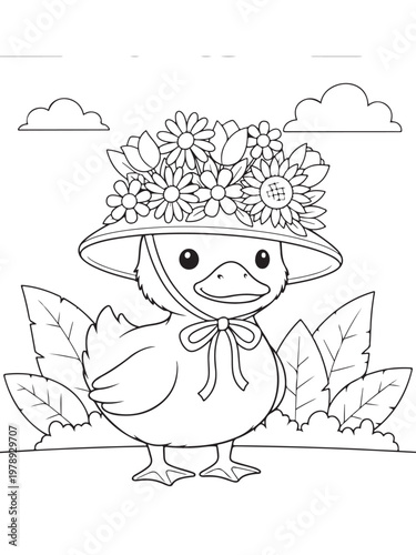 Cute ducklinng with flower hat coloring page for kids