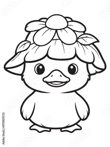 Cute ducklinng with flower hat coloring page for kids