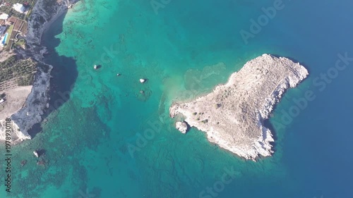 Aerial drone shot.View of famous beach in the summer, Crete, Greece. Famous beach with river and palm trees in Libyan sea. Tropical island, Panoramic view, Most beautiful beaches of Crete island