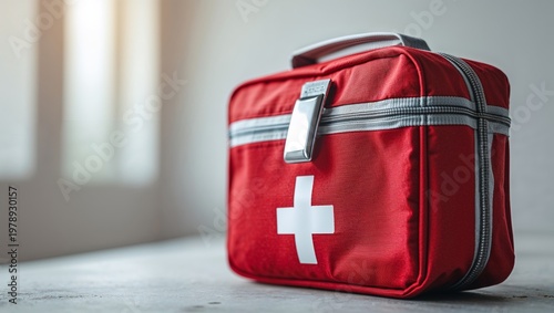 Red first aid kit with white cross symbol on a clean surface