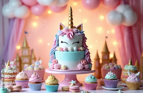Two tier unicorn cake with pastel cupcakes and macarons. Festive party table setting with bright balloons and castle decor. Sweet treats for celebration.