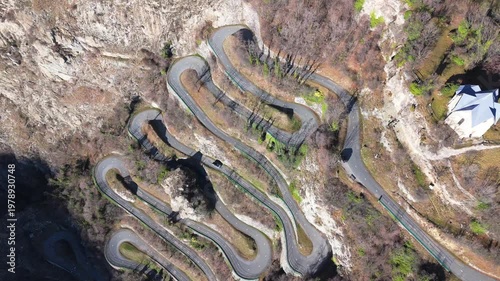 Drone flying over Lacets de Montvernier winding road
