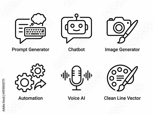 Minimalist vector graphic set depicting various artificial intelligence concepts including chatbots prompt generators image tools automation and voice recognition technology