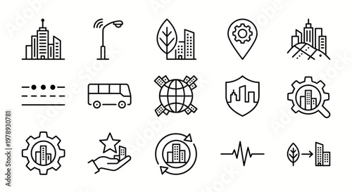 Maximum ultra-simplified smart city and urban tech web icons in line art style. Symbols of connected infrastructure, sustainable urban planning, and IoT city management. Clean black and white vector i