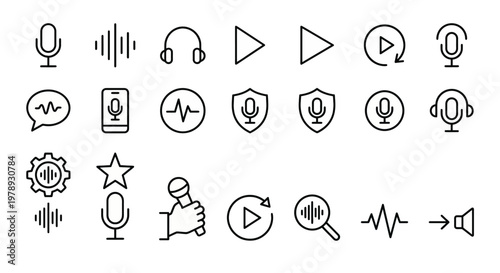 Maximum ultra-simplified podcast and digital audio web icons in line art style. Symbols of audio streaming, voice recording, and sound frequency. Clean black and white vector illustration with editabl