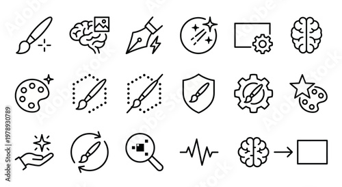 Maximum ultra-simplified AI in art web icons in line art style. Symbols of algorithmic creativity, digital painting tools, and generative design. Clean black and white vector illustration with editabl