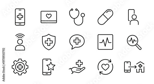 Maximum ultra-simplified remote healthcare and telemedicine web icons in line art style. Symbols of virtual doctor visits, digital prescriptions, and remote patient monitoring. Clean black and white v
