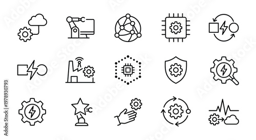 Maximum ultra-simplified cyber-physical systems web icons in line art style. Symbols of hardware-software integration, industrial automation, and sensor networks. Clean black and white vector illustra