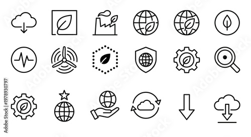 Maximum ultra-simplified carbon capture and climate tech web icons in line art style. Symbols of carbon sequestration, emissions reduction, and environmental engineering. Clean black and white vector 