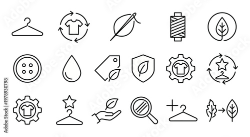 Maximum ultra-simplified circular fashion and sustainable textile web icons in line art style. Symbols of clothing recycling, ethical manufacturing, and eco-friendly fabrics. Clean black and white vec