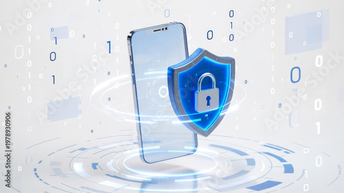 A smartphone surrounded by a glowing shield symbolizing digital security, enhanced with binary code elements, representing the importance of cybersecurity.