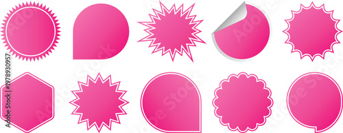 Blank pink starburst sunburst badges. Promotional sale discount stickers, empty price discount tags, quality marks, discount labels