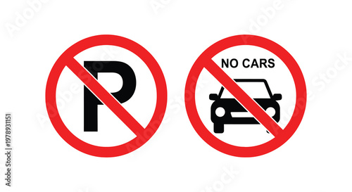 No parking or cars allowed illustrated with prohibition signs silhouette