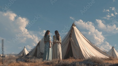 Leah and Rachel standing together near their tents