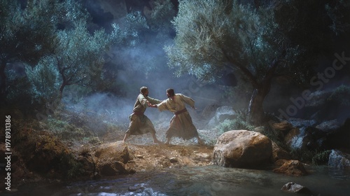 Jacob wrestling with a man through the night by the river