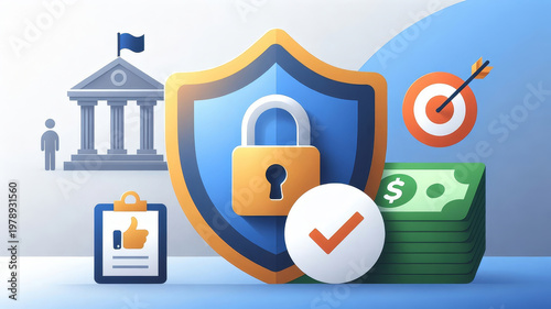 A modern graphic portraying security and trust, featuring a shield, padlock, money, and symbols of validation, illustrating financial protection and governance.