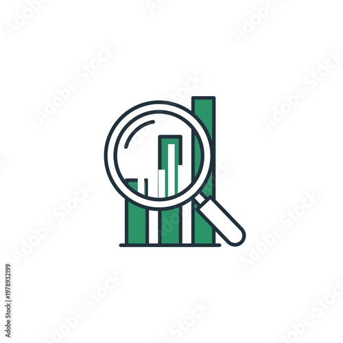 Magnifying glass over green bar chart.