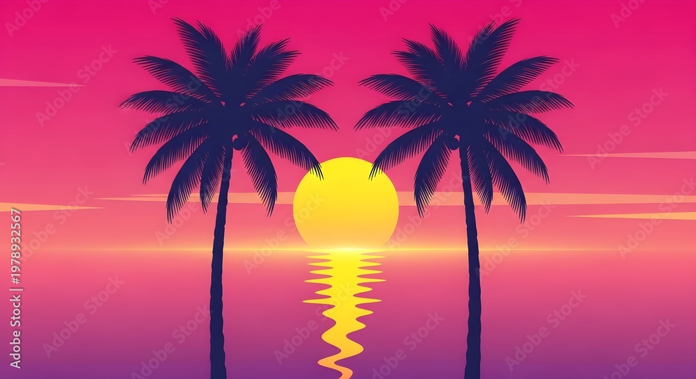 Obraz premium Vibrant tropical sunset, palm trees, pink and purple sky, yellow sun