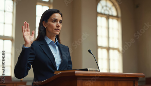 Woman lawyer raises hand taking oath at witness stand in courthouse. Female professional gives testimony before jury near microphone and law book.