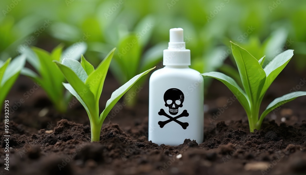 Fototapeta premium White bottle with skull symbol stands in soil near green plant seedlings. Bottle signifies pesticide use in farming or gardening. Danger to plants, nature, and health is implied by symbol.