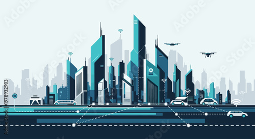 Futuristic cityscape illustration of a modern city with smart technology, autonomous vehicles, and drones in a clean, blue and grey color scheme